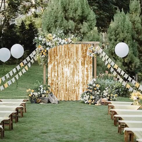 Tayuvira Gold Metallic Tinsel Foil Fringe Curtain, 3 Pcs 3.3ft x6.6ft Photo Booth Backdrop Streamer Curtains&Photo Booth Props, Party Decorations for Bachelorette Graduation Wedding Birthday (Gold) in Kuwait