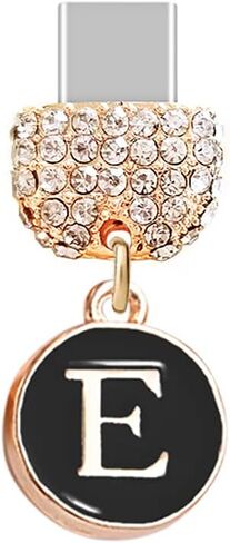 ELISE & FONDA TP57 Type-C USB Charging Port Crystal Anti Dust Plug with Tiny Round letter E Cell Phone Charm for Samsung Galaxy/Huawei/OnePlus/Xiaomi/oppo New Android Phones(Black) in Saudi Arabia