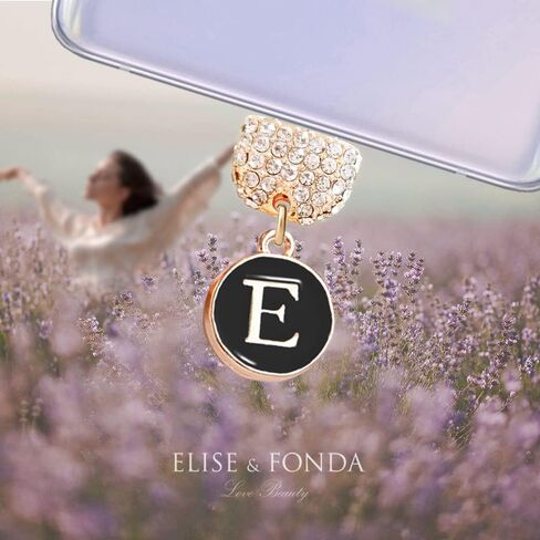 ELISE & FONDA TP57 Type-C USB Charging Port Crystal Anti Dust Plug with Tiny Round letter E Cell Phone Charm for Samsung Galaxy/Huawei/OnePlus/Xiaomi/oppo New Android Phones(Black) in Saudi Arabia