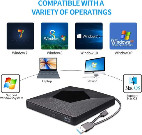 External Blu Ray CD DVD Drive, Wihool 3D BD Player with Read Capability Portable Blu-ray Drive USB 3.0 and Type-C Optical Bluray BD CD DVD Reader for Mac OS, Windows xp/7/8/10, Laptop PC in Kuwait