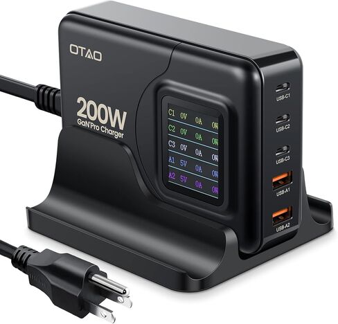 شاحن USB C بقوة 200 وات، شاحن OTAO لسطح المكتب بـ 5 منافذ GaN مع شاشة LCD، PD 3.0 100W/QC 3.0 22.5W/PPS 45W محطة شحن سريعة مع محول تيار متردد لجهاز MacBook Pro/Air، iPad، iPhone، Samsung in Kuwait