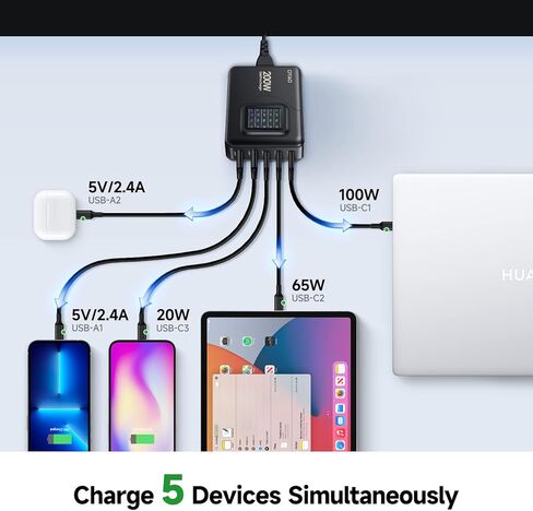شاحن USB C بقوة 200 وات، شاحن OTAO لسطح المكتب بـ 5 منافذ GaN مع شاشة LCD، PD 3.0 100W/QC 3.0 22.5W/PPS 45W محطة شحن سريعة مع محول تيار متردد لجهاز MacBook Pro/Air، iPad، iPhone، Samsung in Kuwait