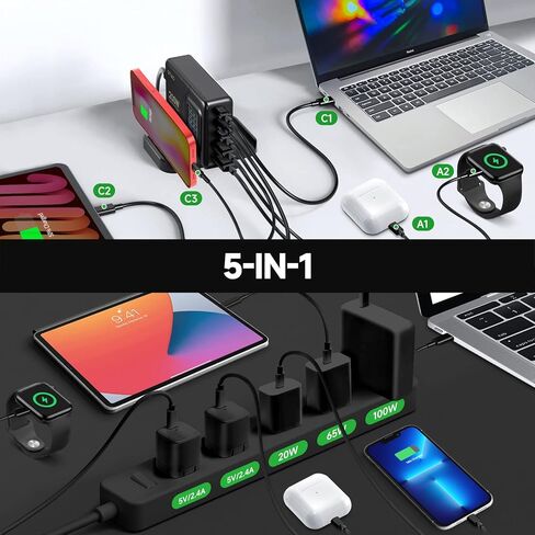 شاحن USB C بقوة 200 وات، شاحن OTAO لسطح المكتب بـ 5 منافذ GaN مع شاشة LCD، PD 3.0 100W/QC 3.0 22.5W/PPS 45W محطة شحن سريعة مع محول تيار متردد لجهاز MacBook Pro/Air، iPad، iPhone، Samsung in Kuwait