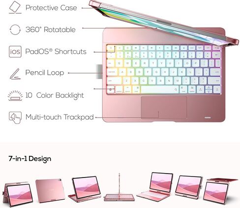 حافظة لوحة مفاتيح تعمل باللمس لجهاز iPad Air الجيل الخامس 2022 (10.9 بوصة)، لوحة لمس، قابلة للدوران 360 درجة، إضاءة خلفية 10 ألوان، غطاء لوحة مفاتيح لاسلكي مع حامل قلم لجهاز iPad Air 4th Gen - أخضر منتصف الليل in Kuwait