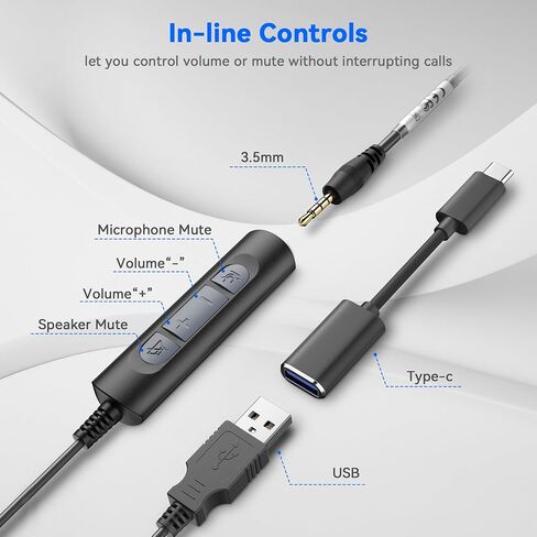 Wantek USB Headset with Microphone for PC,Laptop,3.5mm/USB/Type-C Jack 3-in-1 USB Headset with Noise Cancelling & Audio Controls,USB Headphones for Call Center,Work,Ofiice,Binaural in Kuwait