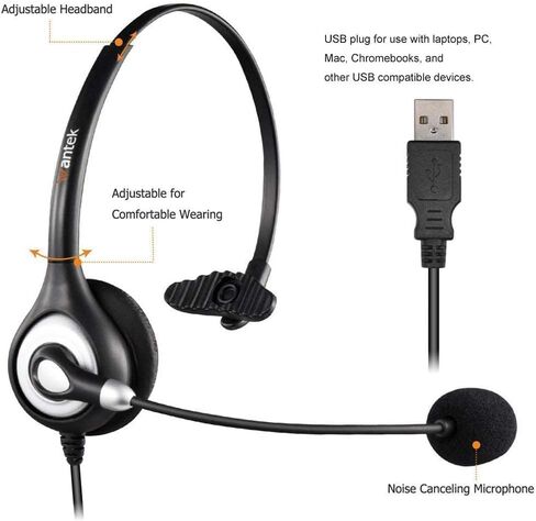 Wantek USB Headset with Microphone for PC,Laptop,3.5mm/USB/Type-C Jack 3-in-1 USB Headset with Noise Cancelling & Audio Controls,USB Headphones for Call Center,Work,Ofiice,Binaural in Kuwait