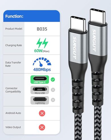 كابل SUNGUY USB C إلى USB C بطول 1 قدم، [عبوة من قطعتين] كابل شاحن 60 وات PD USB 2.0 من النوع C لهواتف iPhone 15/15 Plus/15 Pro/15 Pro Max وGalaxy S23/S22 Ultra/Z Fold/Z Flip وiPad Pro /إير، ماك بوك إير/برو، بلاي ستيشن 5 in Kuwait