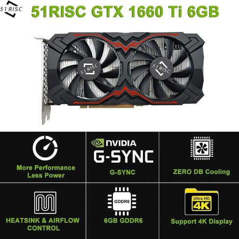 بطاقة رسومات 51RISC GeForce GTX 1660 Ti، بطاقة فيديو 6 جيجابايت GDDR6 192 بت للألعاب GPU PCIe 3.0 x16 DP HDMI DVI 1080P 2K بطاقة ألعاب الكمبيوتر 1660ti 4K 8K Display (GTX 1660 Ti - أحمر) in Kuwait