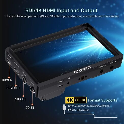 FEELWORLD FW568S 6 Inch SDI Field Monitor Full HD 1920x1080 IPS DSLR Camera Monitor with Waveform LUT Peak Video Focus F970 External Power and Install Kit 3G SDI 4K HDMI Input 8.4 V DC Output in Saudi Arabia