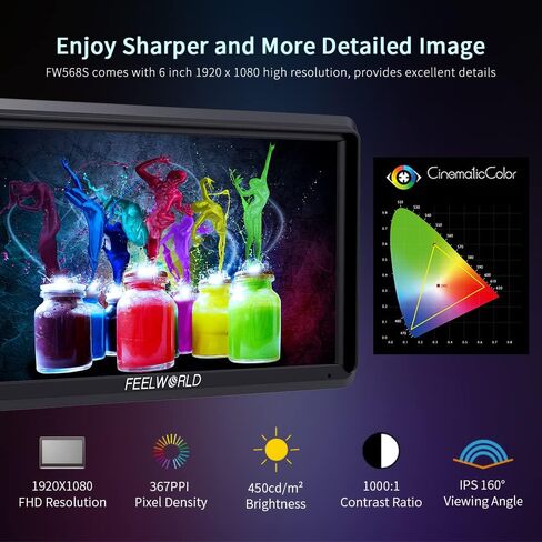 FEELWORLD FW568S 6 Inch SDI Field Monitor Full HD 1920x1080 IPS DSLR Camera Monitor with Waveform LUT Peak Video Focus F970 External Power and Install Kit 3G SDI 4K HDMI Input 8.4 V DC Output in Saudi Arabia