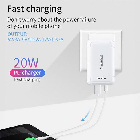 AnHome 20W USB C Dual Port PD Ultra Slim Block شاحن سريع (Cargador rápido)، شحن سريع من النوع C متوافق مع iPhone 11/12/13/14/15 Pro Max، Pixel، Galaxy S23/S22/S21/S20، iPad والمزيد in Kuwait