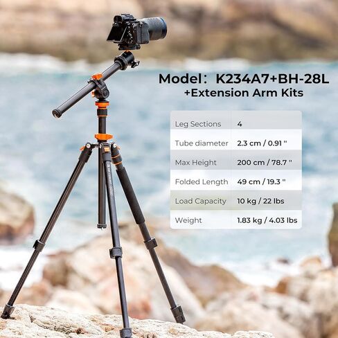 K&F CONCEPT 78 inch DSLR Camera Tripod | Magnesium Alloy, Multi-Angle Center Column, Max Load 22lbs/10kg, O234A7+BH-28L + Arm Kits in Saudi Arabia