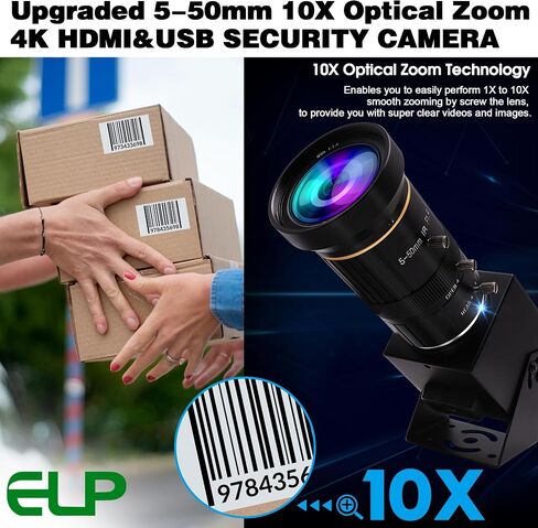 ELP 4K USB HDMI USB Camera Manual Zoom Webcam Variable Focus PC Camera Mini Close-up Camera for Computer H.264 Telescope USB Security Camera 8mp IMX415 Industrial CCTV Camera (5-50mm 10X Zoom Lens) in Kuwait