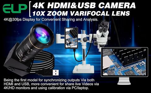 ELP 4K USB HDMI USB Camera Manual Zoom Webcam Variable Focus PC Camera Mini Close-up Camera for Computer H.264 Telescope USB Security Camera 8mp IMX415 Industrial CCTV Camera (5-50mm 10X Zoom Lens) in Kuwait