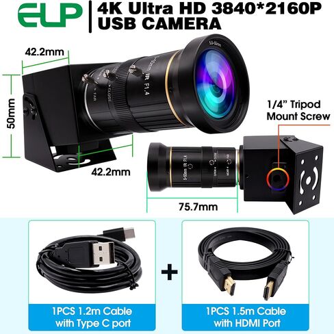 ELP 4K USB HDMI USB Camera Manual Zoom Webcam Variable Focus PC Camera Mini Close-up Camera for Computer H.264 Telescope USB Security Camera 8mp IMX415 Industrial CCTV Camera (5-50mm 10X Zoom Lens) in Kuwait