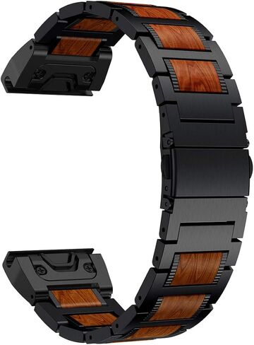 LDFAS Fenix 6 Pro/5 Plus Band, Natural Wood Red Sandalwood Black Stainless Steel Metal Watch Band, 22mm Quick Release Easy Fit Strap Compatible for Garmin Fenix 5 6 Pro/Forerunner 935/945 Smartwatch in Saudi Arabia