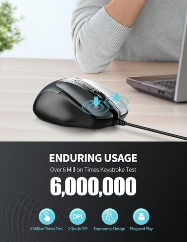 TECKNET ماوس سلكي USB، ماوس سلكي بـ 6 أزرار مع 2 نقطة في البوصة قابلة للتعديل، ماوس كمبيوتر بصري بتصميم مريح وسلك بطول 5 أقدام للكمبيوتر المحمول، Chromebook، الكمبيوتر الشخصي، سطح المكتب، Mac، الكمبيوتر المحمول - أحمر in Kuwait