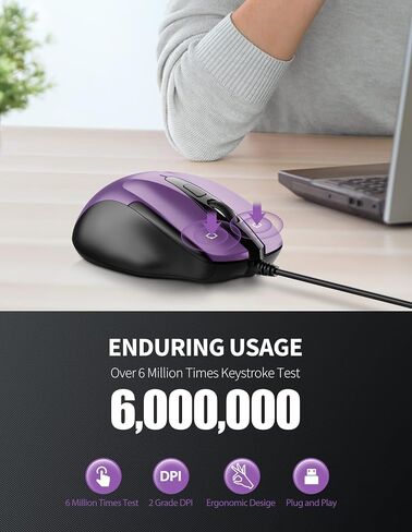 TECKNET ماوس سلكي USB، ماوس سلكي بـ 6 أزرار مع 2 نقطة في البوصة قابلة للتعديل، ماوس كمبيوتر بصري بتصميم مريح وسلك بطول 5 أقدام للكمبيوتر المحمول، Chromebook، الكمبيوتر الشخصي، سطح المكتب، Mac، الكمبيوتر المحمول - أحمر in Kuwait
