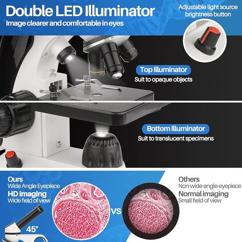 مجهر بيولوجي مع شرائح للبالغين، مجهر مركب 40X-2000X للطلاب، مجهر LED مزدوج مع محول الهاتف، مجموعة مجهر للأطفال، مجهر أحادي الرؤية للمختبر العلمية والدراسة المنزلية in Kuwait