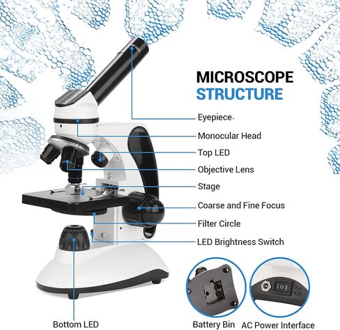 مجهر بيولوجي مع شرائح للبالغين، مجهر مركب 40X-2000X للطلاب، مجهر LED مزدوج مع محول الهاتف، مجموعة مجهر للأطفال، مجهر أحادي الرؤية للمختبر العلمية والدراسة المنزلية in Kuwait