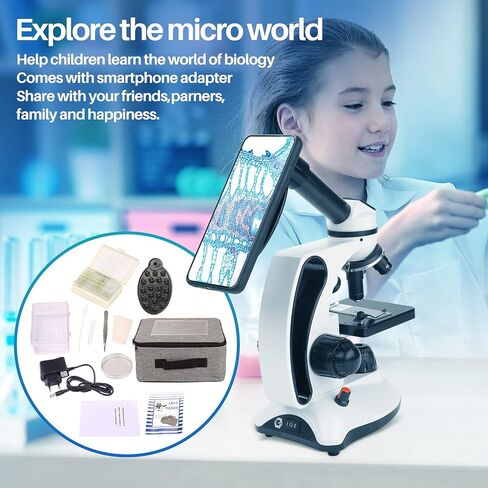مجهر بيولوجي مع شرائح للبالغين، مجهر مركب 40X-2000X للطلاب، مجهر LED مزدوج مع محول الهاتف، مجموعة مجهر للأطفال، مجهر أحادي الرؤية للمختبر العلمية والدراسة المنزلية in Kuwait