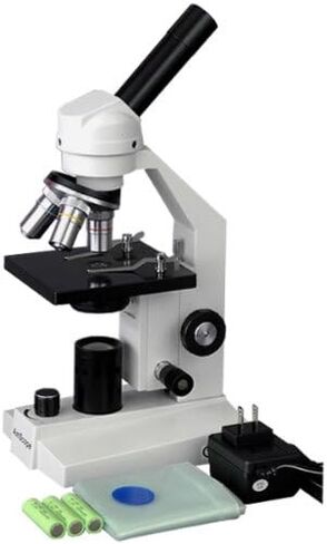 AmScope M200B-LED Cordless Monocular Compound Microscope, WF10x and WF20x Eyepieces, 40x-800x Magnification, LED Illumination, Brightfield, Single-Lens Condenser, Coarse and Fine Focus, Plain Stage, 110V or Cordless Operation in Saudi Arabia