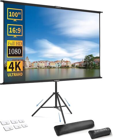 شاشة جهاز عرض محمولة مع حامل، 100 انش 16:9، شاشة عرض خارجية، شاشة عرض 2 في 1، قابلة للطي، قابلة للكي والغسل، فكرة للسينما المنزلية، الاعمال، حفلة الفناء الخلفي، الالعاب. in Kuwait