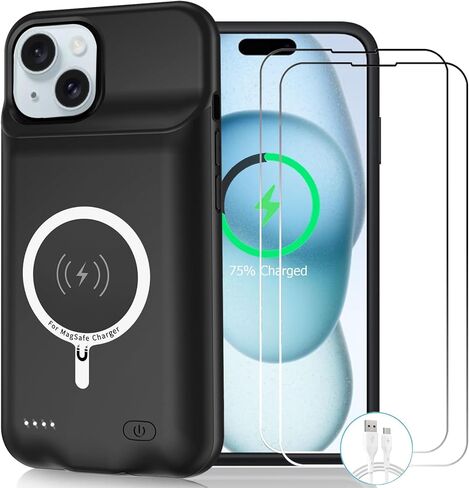 حافظة شحن لاسلكية لهاتف iPhone 15، حافظة بطارية واقية محمولة قابلة لإعادة الشحن بسعة 10000 مللي أمبير في الساعة، شحن لاسلكي متوافقة مع iPhone 15 (6.1 بوصة) حافظة شاحن بطارية ممتدة (أسود) in Kuwait