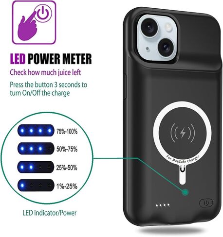 حافظة شحن لاسلكية لهاتف iPhone 15، حافظة بطارية واقية محمولة قابلة لإعادة الشحن بسعة 10000 مللي أمبير في الساعة، شحن لاسلكي متوافقة مع iPhone 15 (6.1 بوصة) حافظة شاحن بطارية ممتدة (أسود) in Kuwait
