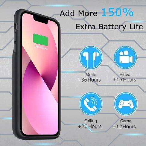 Battery Case for iPhone 13, Upgraded 7000mAh Ultra-Slim Rechargeable Portable Protective Charging Case Extended Battery Pack Compatible with iPhone 13 (6.1 inch) Charger Case Support Carplay (Black) in Kuwait