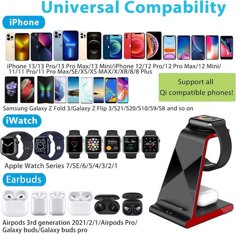 شاحن لاسلكي لسلسلة iPhone 13، محطة شحن iPhone متوافقة مع iPhone 13 12 11 Pro Max Mini XS SE 8، شاحن iWatch لساعة Apple Watch 7 SE 6 5 4 3 2 1، Airpods الجيل الثالث/Airpods Pro in Kuwait