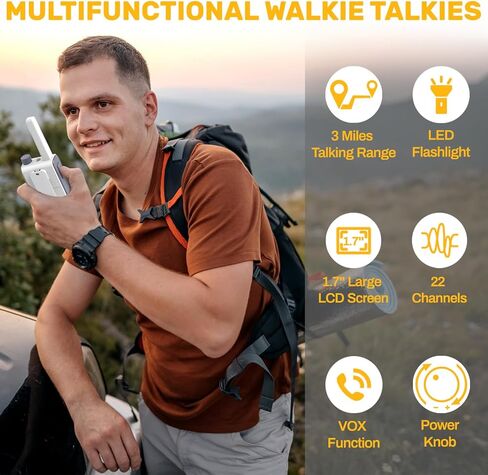 Walkie talkies, AIKTUPSY Long Range Two Way Radio 2 Pack with 22 FRS Channels, Walkie Talkie Long Range with VOX Talking Belt Clip for Outdoor Hiking Climbing Fishing - White in Kuwait