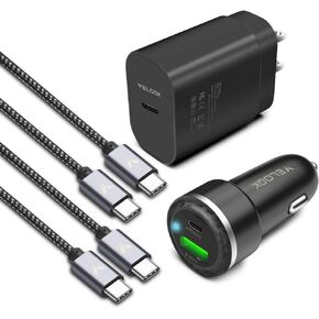 Super Fast Charger Type C Kit, VELOGK 25W PD PPS Wall/Car Charger for Samsung Galaxy S23 Ultra/S23+/S23/S22/S21/S20/Plus/Ultra/FE/Note 20/10/A71, iPad Pro, with 2X Nylon USB C-to-C Cable(3.3ft)