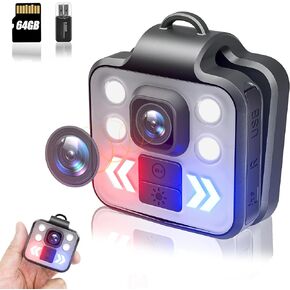 Body Camera 1080P Mini Outdoor Sports Security Wireless Wearable Video Recorder, 3 LED Modes Flashlight HeadLamp Waterproof Cam, Built-in 64GB Memory Card, Suit to Child Pet Cop Home All Day Record
