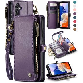 Defencase Galaxy A14 5G Wallet Case - RFID Blocking, PU Leather, Magnetic Flip, Zipper Card Holder, Fashion Purple