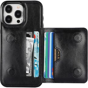 KIHUWEY Compatible with iPhone 15 Pro Max Wallet Case Credit Card Holder, Premium Leather Kickstand Flip Hidden Magnetic Clasp Durable Shockproof Protective Cover for 6.7 inch (Black)