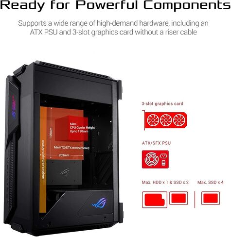 اسس صندوق العاب روج Z11 ميني-ITX/DTX بتصميم امالة 11 درجة حاصل على براءة اختراع، متوافق مع مزود طاقة ايه تي اكس، 3 فتحات، منفذ USB 3.2 الجيل الثاني نوع C، 2 × USB 3.2 الجيل الاول نوع ايه وزر تحكم ARGB in Saudi Arabia