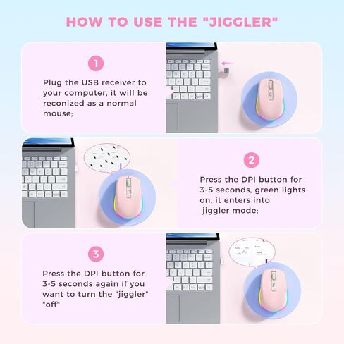 PEIOUS Wireless Mouse Jiggler - LED Wireless Mice with Build-in Mouse Mover, Rechargeable Moving Mouse for Laptop with Undetectable Random Movement Keeps Computers Awake - Purple in Kuwait