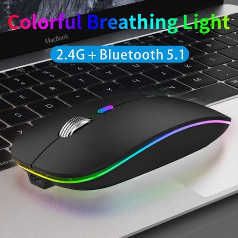 ماوس بلوتوث لاسلكي من تينموس، وضع مزدوج نحيف LED (بلوتوث 5.1 + USB) 2.4 جيجا هرتز صامت قابل لإعادة الشحن مع محول من النوع C لأجهزة الكمبيوتر المحمول/MacBook/iPad OS 13 وما فوق (أسود غير لامع) in Kuwait