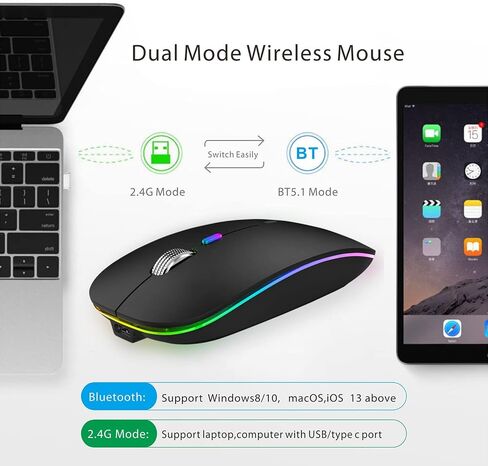ماوس بلوتوث لاسلكي من تينموس، وضع مزدوج نحيف LED (بلوتوث 5.1 + USB) 2.4 جيجا هرتز صامت قابل لإعادة الشحن مع محول من النوع C لأجهزة الكمبيوتر المحمول/MacBook/iPad OS 13 وما فوق (أسود غير لامع) in Kuwait