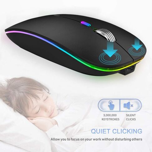 ماوس بلوتوث لاسلكي من تينموس، وضع مزدوج نحيف LED (بلوتوث 5.1 + USB) 2.4 جيجا هرتز صامت قابل لإعادة الشحن مع محول من النوع C لأجهزة الكمبيوتر المحمول/MacBook/iPad OS 13 وما فوق (أسود غير لامع) in Kuwait