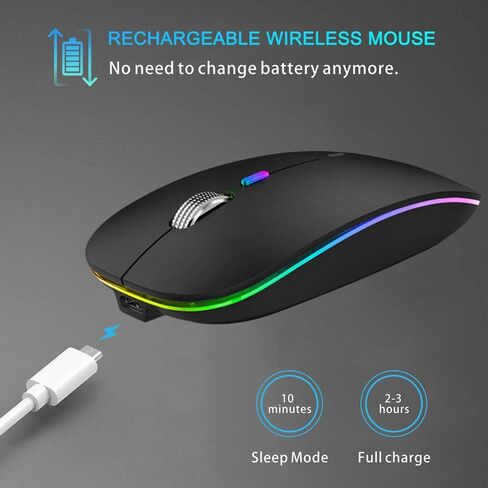 ماوس بلوتوث لاسلكي من تينموس، وضع مزدوج نحيف LED (بلوتوث 5.1 + USB) 2.4 جيجا هرتز صامت قابل لإعادة الشحن مع محول من النوع C لأجهزة الكمبيوتر المحمول/MacBook/iPad OS 13 وما فوق (أسود غير لامع) in Kuwait