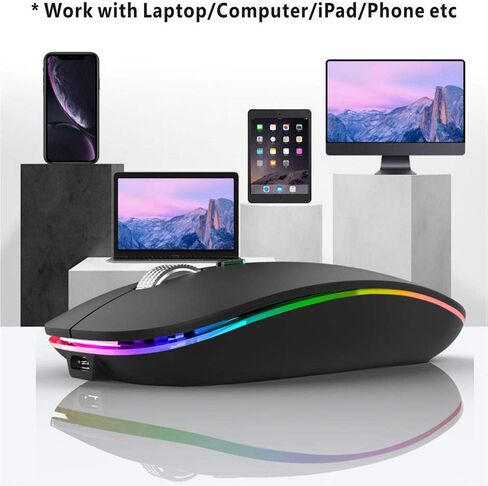 ماوس بلوتوث لاسلكي من تينموس، وضع مزدوج نحيف LED (بلوتوث 5.1 + USB) 2.4 جيجا هرتز صامت قابل لإعادة الشحن مع محول من النوع C لأجهزة الكمبيوتر المحمول/MacBook/iPad OS 13 وما فوق (أسود غير لامع) in Kuwait