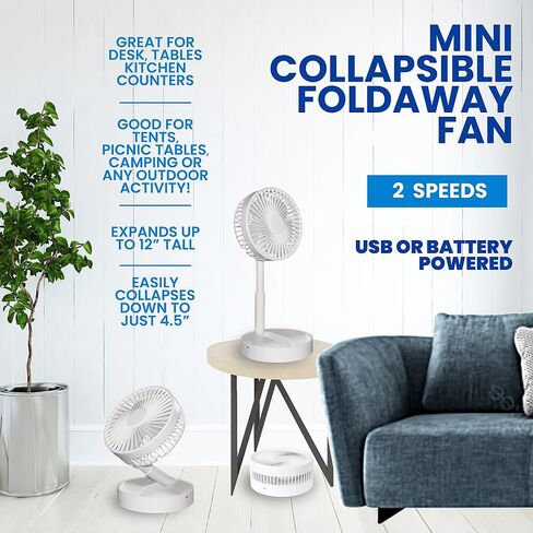 My Foldaway Fan Mini Desktop Fan | Ultra-Portable Lightweight Compact Tabletop Fan | Extends up to 12" | 2 Speed Modes | Uses AA Batteries or USB Power Wire | Desk Fan, Nightstand Use | Whisper Quiet in Saudi Arabia