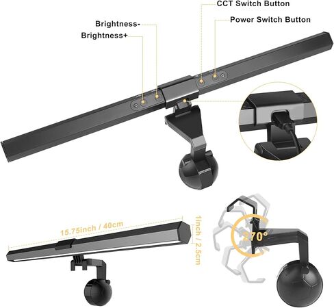 Vunvooker Computer Monitor Light Bar,E-Reading LED Lamp for Curved/Flat Screen with USB Powered,Touch Sensor,Adjustable 3 Color Temperature,Dimmable Monitor Lamp for Desk/Office/Home,15.7 inch,Black in Kuwait