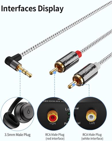 CableCreation 3.5 مم إلى كابل RCA، زاوية 3.5 مم ذكر إلى 2RCA ذكر مساعد صوت ستيريو Y مقسم مطلي بالذهب للهواتف الذكية، MP3، الأجهزة اللوحية، مكبرات الصوت، Echo Dot، المسرح المنزلي، HDTV، 10FT/3M in Kuwait