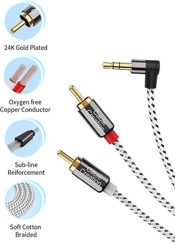 CableCreation 3.5 مم إلى كابل RCA، زاوية 3.5 مم ذكر إلى 2RCA ذكر مساعد صوت ستيريو Y مقسم مطلي بالذهب للهواتف الذكية، MP3، الأجهزة اللوحية، مكبرات الصوت، Echo Dot، المسرح المنزلي، HDTV، 10FT/3M in Kuwait
