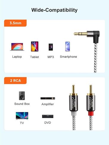 CableCreation 3.5 مم إلى كابل RCA، زاوية 3.5 مم ذكر إلى 2RCA ذكر مساعد صوت ستيريو Y مقسم مطلي بالذهب للهواتف الذكية، MP3، الأجهزة اللوحية، مكبرات الصوت، Echo Dot، المسرح المنزلي، HDTV، 10FT/3M in Kuwait