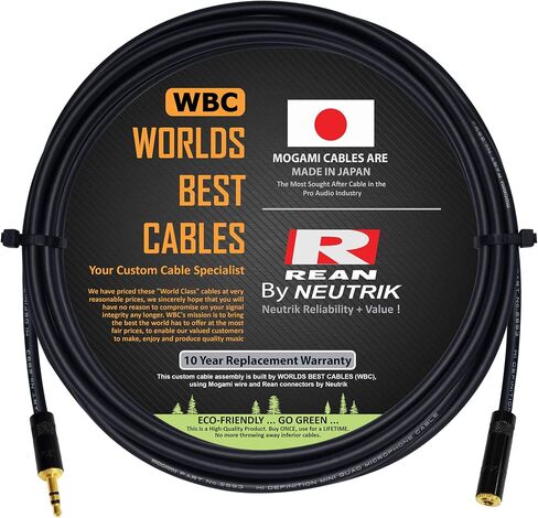 WORLDS BEST CABLES 10 Foot - Quad Balanced Headphone Extension Cable Custom Made Using Mogami 2893 Wire and Neutrik-Rean NYS231BG Male & NYS240BG Female 3.5mm Gold TRS Plugs in Saudi Arabia