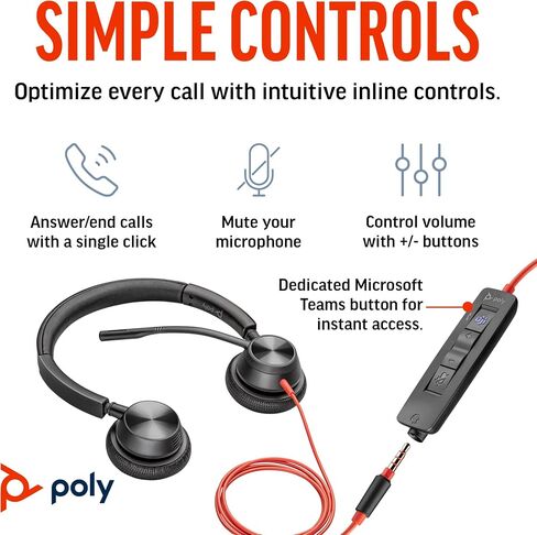 Poly Blackwire 3325 Wired Headset (Plantronics) – Flexible Microphone Boom – Hi-fi Stereo - PC/Mac/Mobile - Certified for Microsoft Teams - Amazon Exclusive in Kuwait